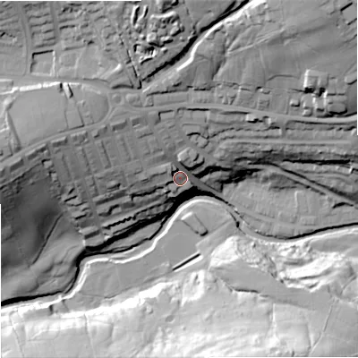 Shaded relief map of the ground around BB87BA, computed from Environment Agency LiDAR. The ground here sits at about 166 m above sea level and falls 59 m across the surrounding 800 m. Surface water reaching this point runs off ground lying to the west, 24.0 m higher.