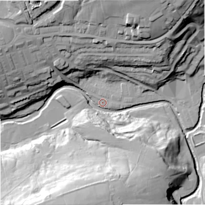 Shaded relief map of the ground around BB87BH, computed from Environment Agency LiDAR. The ground here sits at about 154 m above sea level and falls 51 m across the surrounding 800 m. Surface water reaching this point runs off ground lying to the north-east, 31.5 m higher.