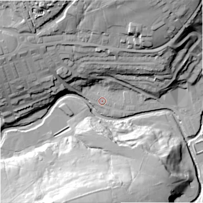 Shaded relief map of the ground around BB87BJ, computed from Environment Agency LiDAR. The ground here sits at about 154 m above sea level and falls 55 m across the surrounding 800 m. Surface water reaching this point runs off ground lying to the north-east, 31.6 m higher.