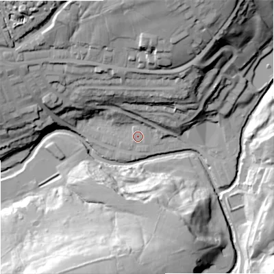 Shaded relief map of the ground around BB87BL, computed from Environment Agency LiDAR. The ground here sits at about 155 m above sea level and falls 54 m across the surrounding 800 m. Surface water reaching this point runs off ground lying to the north-north-east, 21.8 m higher.