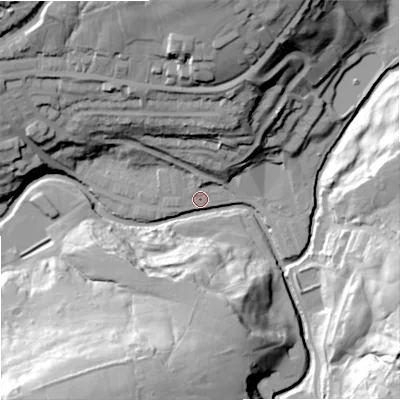 Shaded relief map of the ground around BB87BN, computed from Environment Agency LiDAR. The ground here sits at about 155 m above sea level and falls 51 m across the surrounding 800 m. Surface water reaching this point runs off ground lying to the south-east, 41.7 m higher.