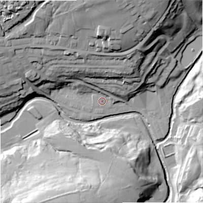 Shaded relief map of the ground around BB87BP, computed from Environment Agency LiDAR. The ground here sits at about 156 m above sea level and falls 54 m across the surrounding 800 m. Surface water reaching this point runs off ground lying to the north-north-east, 26.0 m higher.