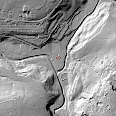 Shaded relief map of the ground around BB87BS, computed from Environment Agency LiDAR. The ground here sits at about 157 m above sea level and falls 67 m across the surrounding 800 m. Surface water reaching this point runs off ground lying to the east, 2.4 m higher.