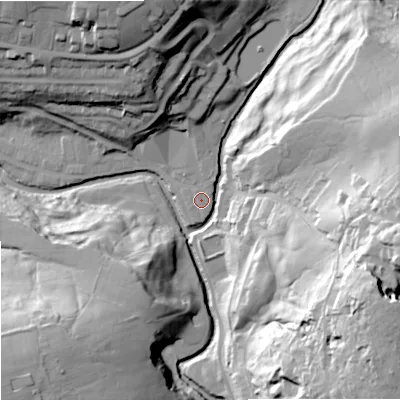 Shaded relief map of the ground around BB87BT, computed from Environment Agency LiDAR. The ground here sits at about 157 m above sea level and falls 67 m across the surrounding 800 m. Surface water reaching this point runs off ground lying to the north-north-west, 0.7 m higher.