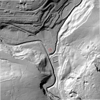 Shaded relief map of the ground around BB87BU, computed from Environment Agency LiDAR. The ground here sits at about 157 m above sea level and falls 67 m across the surrounding 800 m. Surface water reaching this point runs off ground lying to the north-north-east, 0.7 m higher.