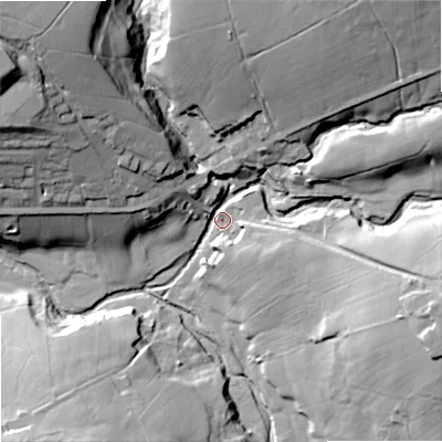 Shaded relief map of the ground around BB87JB, computed from Environment Agency LiDAR. The ground here sits at about 179 m above sea level and falls 42 m across the surrounding 800 m. Surface water reaching this point runs off ground lying to the north-east, 37.8 m higher.