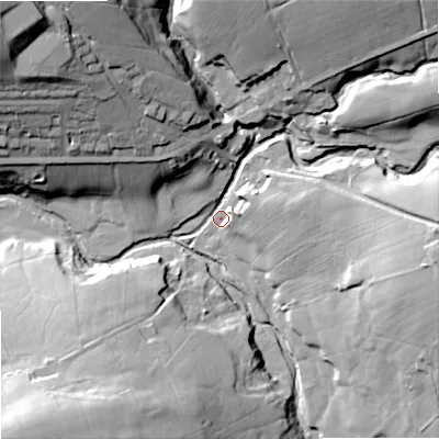 Shaded relief map of the ground around BB87JD, computed from Environment Agency LiDAR. The ground here sits at about 177 m above sea level and falls 46 m across the surrounding 800 m. Surface water reaching this point runs off ground lying to the north-west, 40.8 m higher.