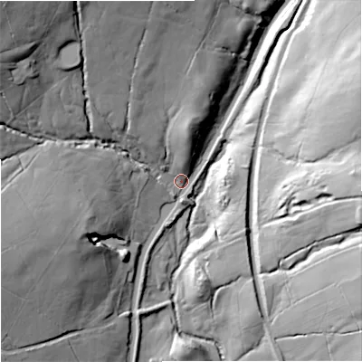 Shaded relief map of the ground around BB87JP, computed from Environment Agency LiDAR. The ground here sits at about 150 m above sea level and falls 58 m across the surrounding 800 m. Surface water reaching this point runs off ground lying to the north-west, 48.8 m higher.