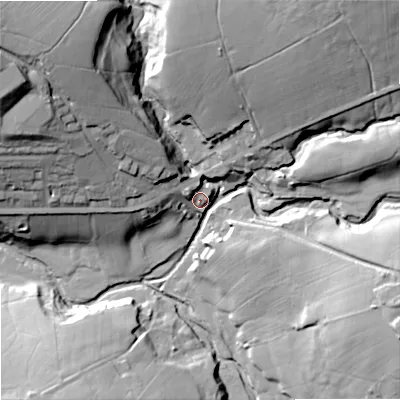 Shaded relief map of the ground around BB87ND, computed from Environment Agency LiDAR. The ground here sits at about 181 m above sea level and falls 45 m across the surrounding 800 m. Surface water reaching this point runs off ground lying to the north-east, 41.0 m higher.