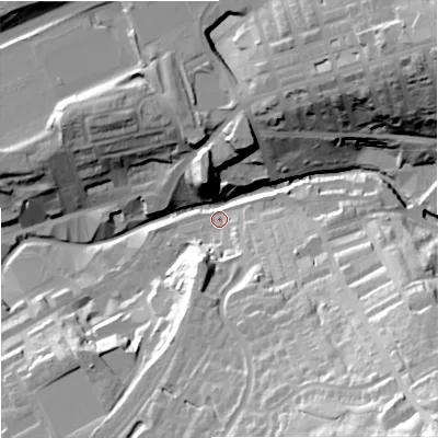 Shaded relief map of the ground around BB88AD, computed from Environment Agency LiDAR. The ground here sits at about 134 m above sea level and falls 69 m across the surrounding 800 m. Surface water reaching this point runs off ground lying to the south-east, 62.8 m higher.