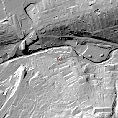 Shaded relief map of the ground around BB88AJ, computed from Environment Agency LiDAR. The ground here sits at about 143 m above sea level and falls 76 m across the surrounding 800 m. Surface water reaching this point runs off ground lying to the south-south-west, 1.7 m higher.