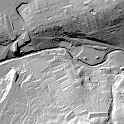 Shaded relief map of the ground around BB88AL, computed from Environment Agency LiDAR. The ground here sits at about 141 m above sea level and falls 77 m across the surrounding 800 m. Surface water reaching this point runs off ground lying to the south-south-east, 47.0 m higher.