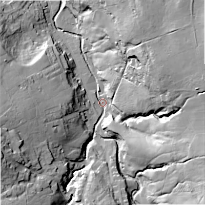 Shaded relief map of the ground around BB88AP, computed from Environment Agency LiDAR. The ground here sits at about 176 m above sea level and falls 50 m across the surrounding 800 m. Surface water reaching this point runs off ground lying to the west-south-west, 43.6 m higher.