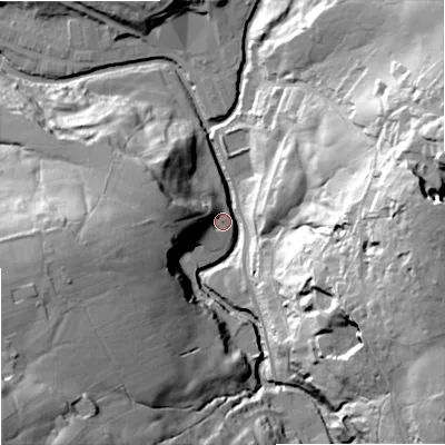 Shaded relief map of the ground around BB88BJ, computed from Environment Agency LiDAR. The ground here sits at about 161 m above sea level and falls 67 m across the surrounding 800 m. Surface water reaching this point runs off ground lying to the east, 62.1 m higher.