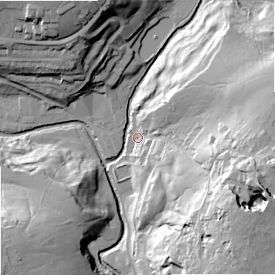 Shaded relief map of the ground around BB88DE, computed from Environment Agency LiDAR. The ground here sits at about 160 m above sea level and falls 69 m across the surrounding 800 m. Surface water reaching this point runs off ground lying to the east-south-east, 57.4 m higher.