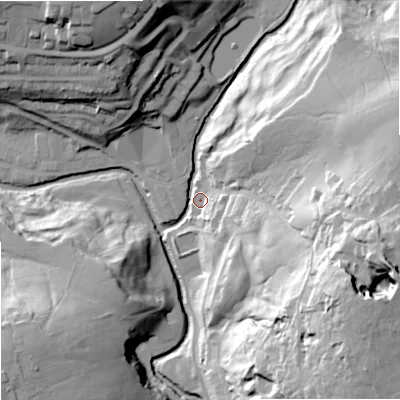 Shaded relief map of the ground around BB88DF, computed from Environment Agency LiDAR. The ground here sits at about 158 m above sea level and falls 69 m across the surrounding 800 m. Surface water reaching this point runs off ground lying to the east-south-east, 61.4 m higher.