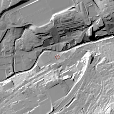 Shaded relief map of the ground around BB88DQ, computed from Environment Agency LiDAR. The ground here sits at about 130 m above sea level and falls 55 m across the surrounding 800 m. Surface water reaching this point runs off ground lying to the south-east, 29.1 m higher.