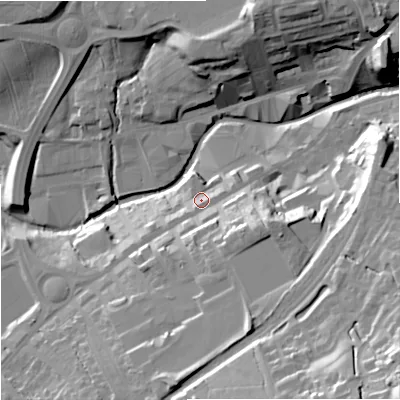 Shaded relief map of the ground around BB88DR, computed from Environment Agency LiDAR. The ground here sits at about 135 m above sea level and falls 51 m across the surrounding 800 m. Surface water reaching this point runs off ground lying to the south-south-east, 17.6 m higher.