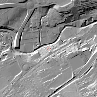 Shaded relief map of the ground around BB88DW, computed from Environment Agency LiDAR. The ground here sits at about 133 m above sea level and falls 46 m across the surrounding 800 m. Surface water reaching this point runs off ground lying to the south-south-east, 21.8 m higher.