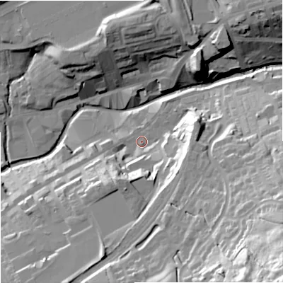 Shaded relief map of the ground around BB88DY, computed from Environment Agency LiDAR. The ground here sits at about 134 m above sea level and falls 71 m across the surrounding 800 m. Surface water reaching this point runs off ground lying to the south-east, 27.0 m higher.