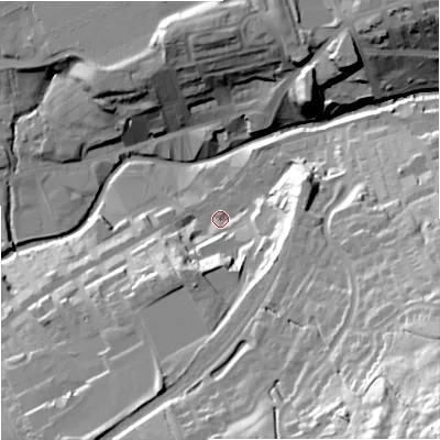 Shaded relief map of the ground around BB88EB, computed from Environment Agency LiDAR. The ground here sits at about 133 m above sea level and falls 73 m across the surrounding 800 m. Surface water reaching this point runs off ground lying to the south-east, 25.5 m higher.