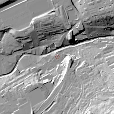 Shaded relief map of the ground around BB88EE, computed from Environment Agency LiDAR. The ground here sits at about 134 m above sea level and falls 68 m across the surrounding 800 m. Surface water reaching this point runs off ground lying to the south-south-east, 25.2 m higher.