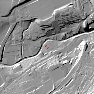 Shaded relief map of the ground around BB88EG, computed from Environment Agency LiDAR. The ground here sits at about 131 m above sea level and falls 47 m across the surrounding 800 m. Surface water reaching this point runs off ground lying to the south-south-east, 6.4 m higher.