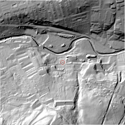 Shaded relief map of the ground around BB88ER, computed from Environment Agency LiDAR. The ground here sits at about 144 m above sea level and falls 89 m across the surrounding 800 m. Surface water reaching this point runs off ground lying to the south, 50.6 m higher.
