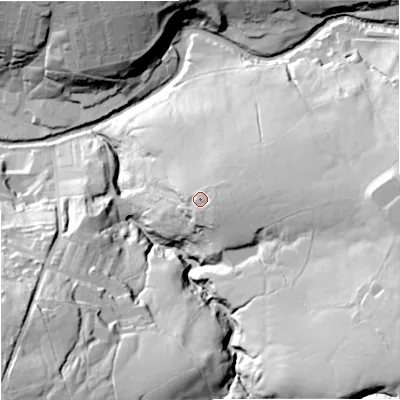 Shaded relief map of the ground around BB88EZ, computed from Environment Agency LiDAR. The ground here sits at about 175 m above sea level and falls 68 m across the surrounding 800 m. Surface water reaching this point runs off ground lying to the south-east, 3.1 m higher.