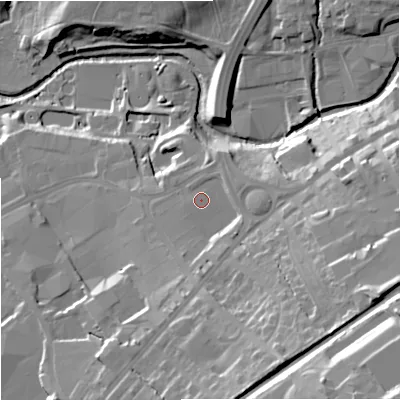Shaded relief map of the ground around BB88LB, computed from Environment Agency LiDAR. The ground here sits at about 136 m above sea level and falls 44 m across the surrounding 800 m. Surface water reaching this point runs off ground lying to the south-east, 4.9 m higher.