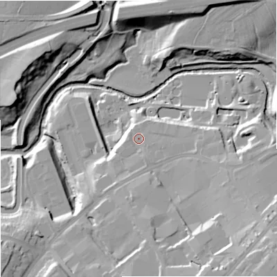 Shaded relief map of the ground around BB88LE, computed from Environment Agency LiDAR. The ground here sits at about 131 m above sea level and falls 27 m across the surrounding 800 m. Surface water reaching this point runs off ground lying to the south-east, 12.6 m higher.