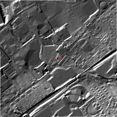 Shaded relief map of the ground around BB88LF, computed from Environment Agency LiDAR. The ground here sits at about 142 m above sea level and falls 55 m across the surrounding 800 m. Surface water reaching this point runs off ground lying to the east-south-east, 19.5 m higher.