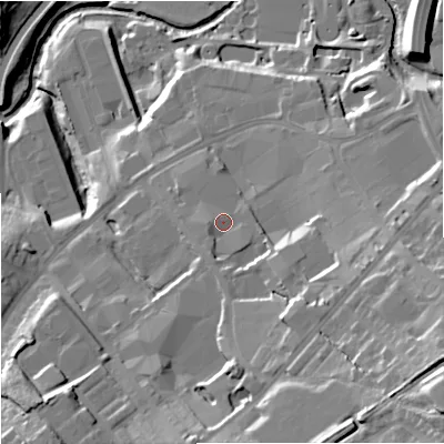 Shaded relief map of the ground around BB88LH, computed from Environment Agency LiDAR. The ground here sits at about 135 m above sea level and falls 37 m across the surrounding 800 m. Surface water reaching this point runs off ground lying to the south-east, 22.3 m higher.