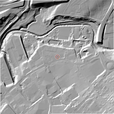 Shaded relief map of the ground around BB88LJ, computed from Environment Agency LiDAR. The ground here sits at about 132 m above sea level and falls 33 m across the surrounding 800 m. Surface water reaching this point runs off ground lying to the south-south-east, 11.6 m higher.