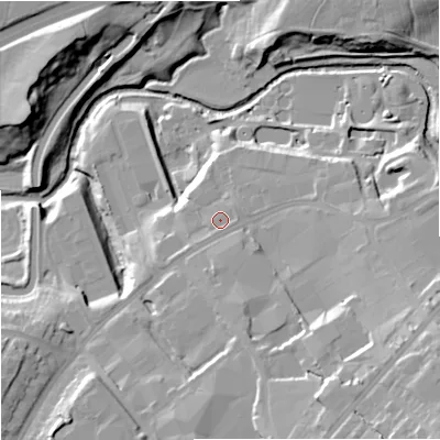 Shaded relief map of the ground around BB88LY, computed from Environment Agency LiDAR. The ground here sits at about 132 m above sea level and falls 29 m across the surrounding 800 m. Surface water reaching this point runs off ground lying to the south, 1.2 m higher.