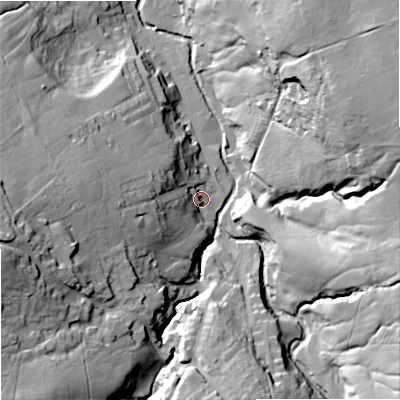 Shaded relief map of the ground around BB88NH, computed from Environment Agency LiDAR. The ground here sits at about 179 m above sea level and falls 57 m across the surrounding 800 m. Surface water reaching this point runs off ground lying to the west, 28.4 m higher.