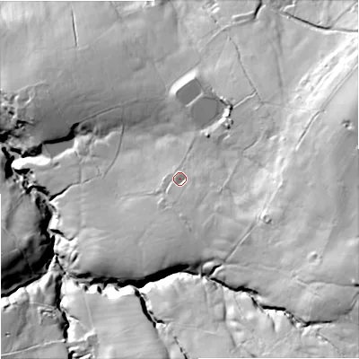 Shaded relief map of the ground around BB88NP, computed from Environment Agency LiDAR. The ground here sits at about 193 m above sea level and falls 96 m across the surrounding 800 m. Surface water reaching this point runs off ground lying to the south-east, 20.1 m higher.