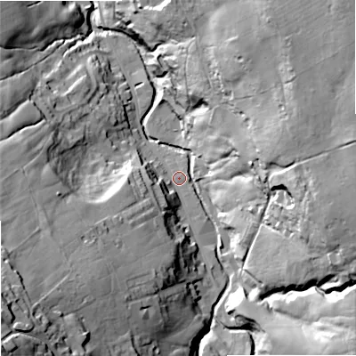 Shaded relief map of the ground around BB88QS, computed from Environment Agency LiDAR. The ground here sits at about 174 m above sea level and falls 69 m across the surrounding 800 m. Surface water reaching this point runs off ground lying to the south-west, 51.7 m higher.