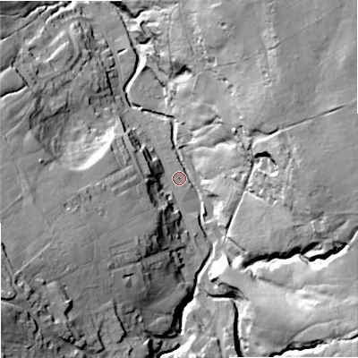 Shaded relief map of the ground around BB88QT, computed from Environment Agency LiDAR. The ground here sits at about 174 m above sea level and falls 61 m across the surrounding 800 m. Surface water reaching this point runs off ground lying to the south-west, 51.9 m higher.