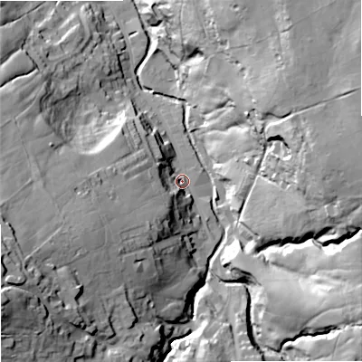 Shaded relief map of the ground around BB88QU, computed from Environment Agency LiDAR. The ground here sits at about 175 m above sea level and falls 61 m across the surrounding 800 m. Surface water reaching this point runs off ground lying to the west-south-west, 49.9 m higher.