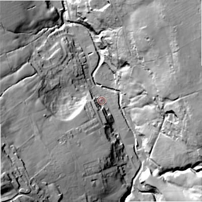 Shaded relief map of the ground around BB88QX, computed from Environment Agency LiDAR. The ground here sits at about 174 m above sea level and falls 74 m across the surrounding 800 m. Surface water reaching this point runs off ground lying to the south-west, 62.3 m higher.