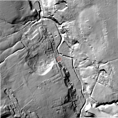 Shaded relief map of the ground around BB88QY, computed from Environment Agency LiDAR. The ground here sits at about 173 m above sea level and falls 78 m across the surrounding 800 m. Surface water reaching this point runs off ground lying to the south-west, 66.7 m higher.