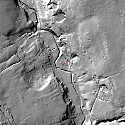 Shaded relief map of the ground around BB88RA, computed from Environment Agency LiDAR. The ground here sits at about 172 m above sea level and falls 72 m across the surrounding 800 m. Surface water reaching this point runs off ground lying to the east-south-east, 45.8 m higher.