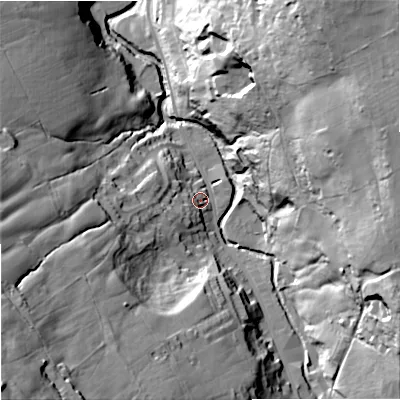 Shaded relief map of the ground around BB88RD, computed from Environment Agency LiDAR. The ground here sits at about 173 m above sea level and falls 76 m across the surrounding 800 m. Surface water reaching this point runs off ground lying to the west-south-west, 46.7 m higher.
