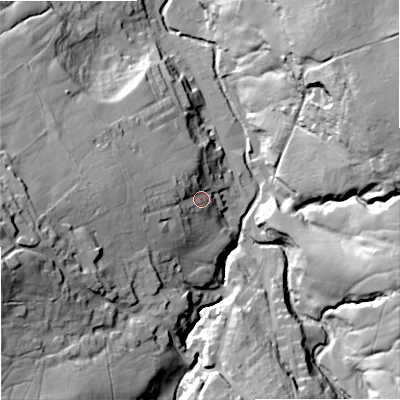 Shaded relief map of the ground around BB88RN, computed from Environment Agency LiDAR. The ground here sits at about 188 m above sea level and falls 62 m across the surrounding 800 m. Surface water reaching this point runs off ground lying to the west, 23.4 m higher.