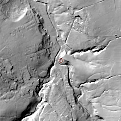 Shaded relief map of the ground around BB88RT, computed from Environment Agency LiDAR. The ground here sits at about 179 m above sea level and falls 51 m across the surrounding 800 m. Surface water reaching this point runs off ground lying to the south-east, 40.6 m higher.