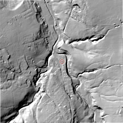Shaded relief map of the ground around BB88RU, computed from Environment Agency LiDAR. The ground here sits at about 181 m above sea level and falls 47 m across the surrounding 800 m. Surface water reaching this point runs off ground lying to the south, 32.0 m higher.