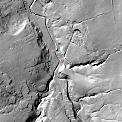 Shaded relief map of the ground around BB88RW, computed from Environment Agency LiDAR. The ground here sits at about 177 m above sea level and falls 50 m across the surrounding 800 m. Surface water reaching this point runs off ground lying to the east-north-east, 43.5 m higher.