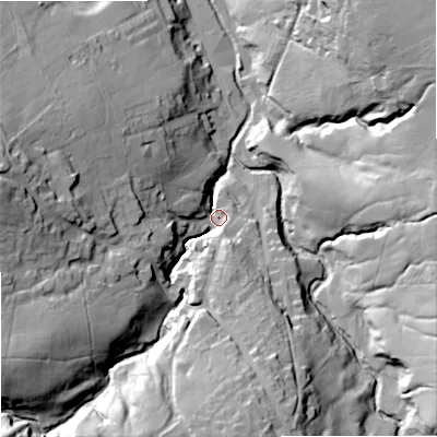 Shaded relief map of the ground around BB88RX, computed from Environment Agency LiDAR. The ground here sits at about 184 m above sea level and falls 52 m across the surrounding 800 m. Surface water reaching this point runs off ground lying to the west, 45.4 m higher.
