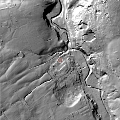 Shaded relief map of the ground around BB88TA, computed from Environment Agency LiDAR. The ground here sits at about 177 m above sea level and falls 82 m across the surrounding 800 m. Surface water reaching this point runs off ground lying to the south-west, 57.4 m higher.